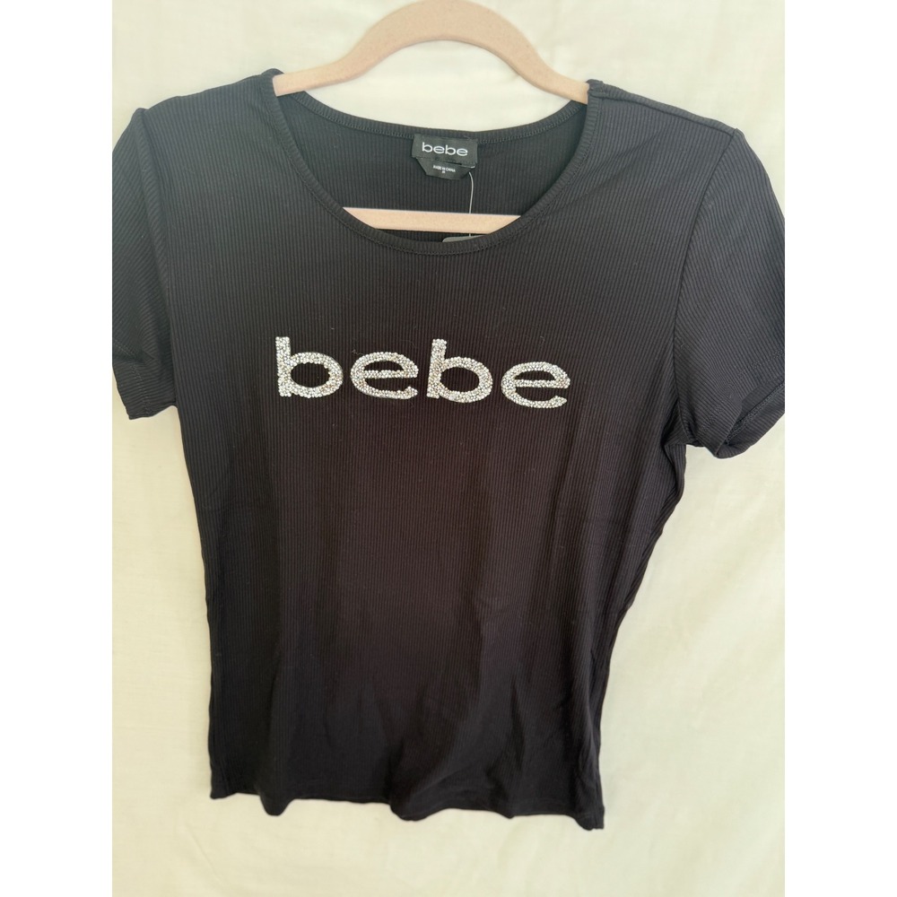 Bebe Rhinestone Logo Tee Women M Black NWT Ribbed Short Sleeve Scoop Neck Glam